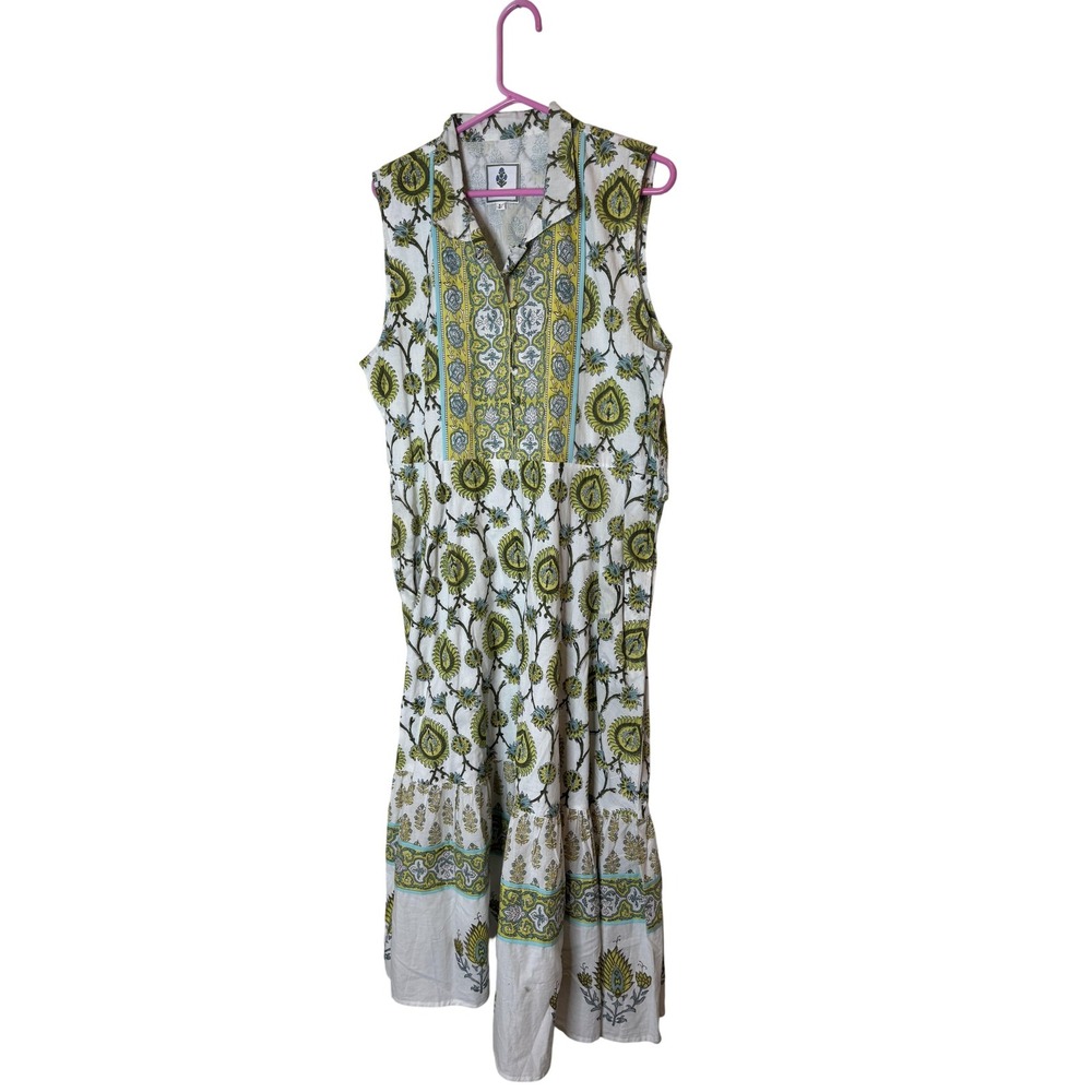 Sue Sartor Dress Womens Large Green Floral Collared Boho Maxi Sundress Cotton